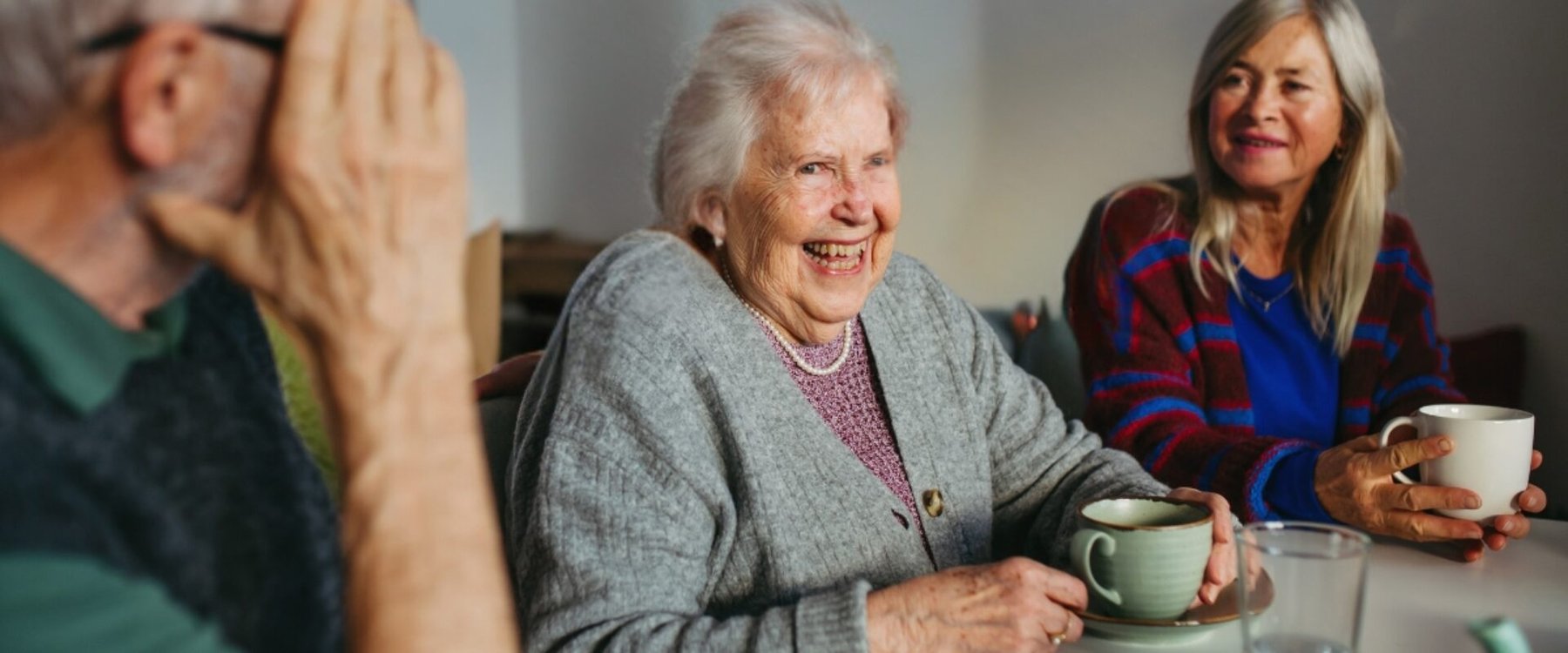 Group of older people, having tea, talking and smiling.