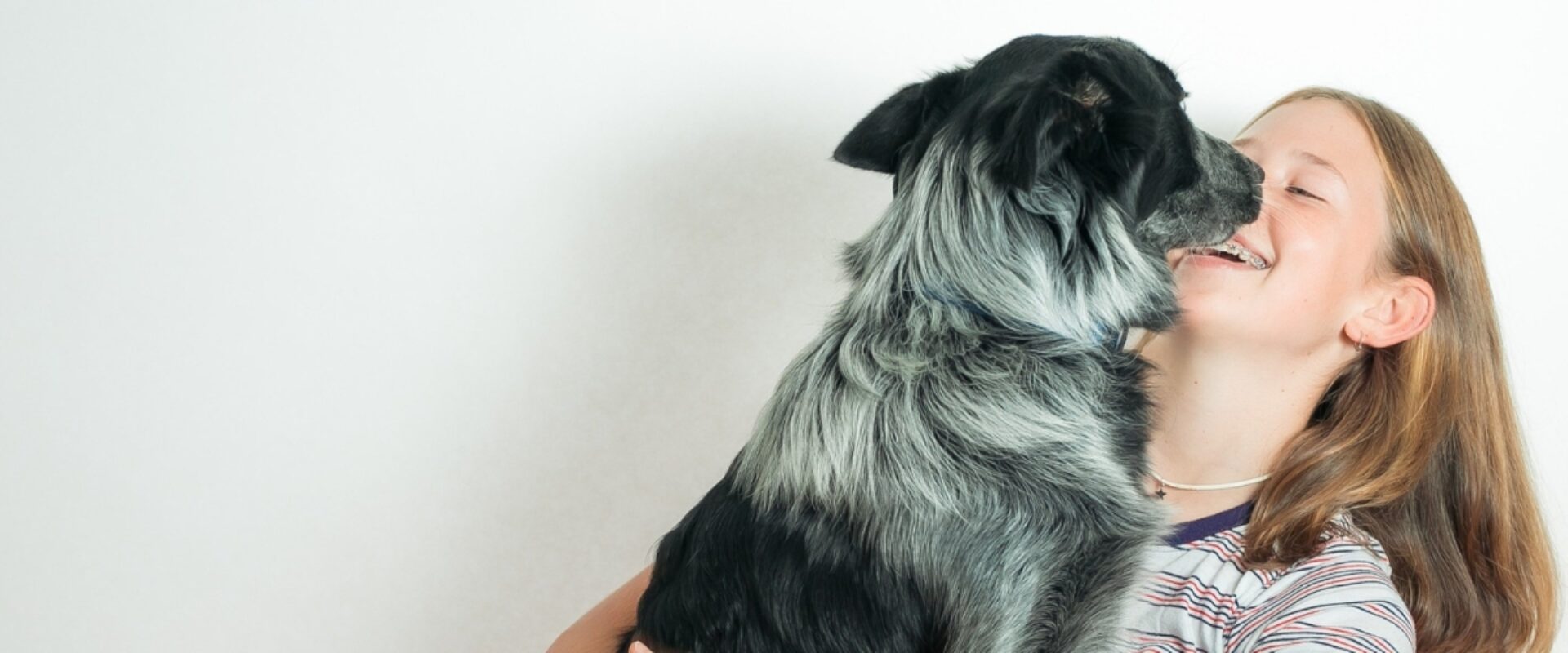 Young girl smiling as she cuddles with black and grey dog.