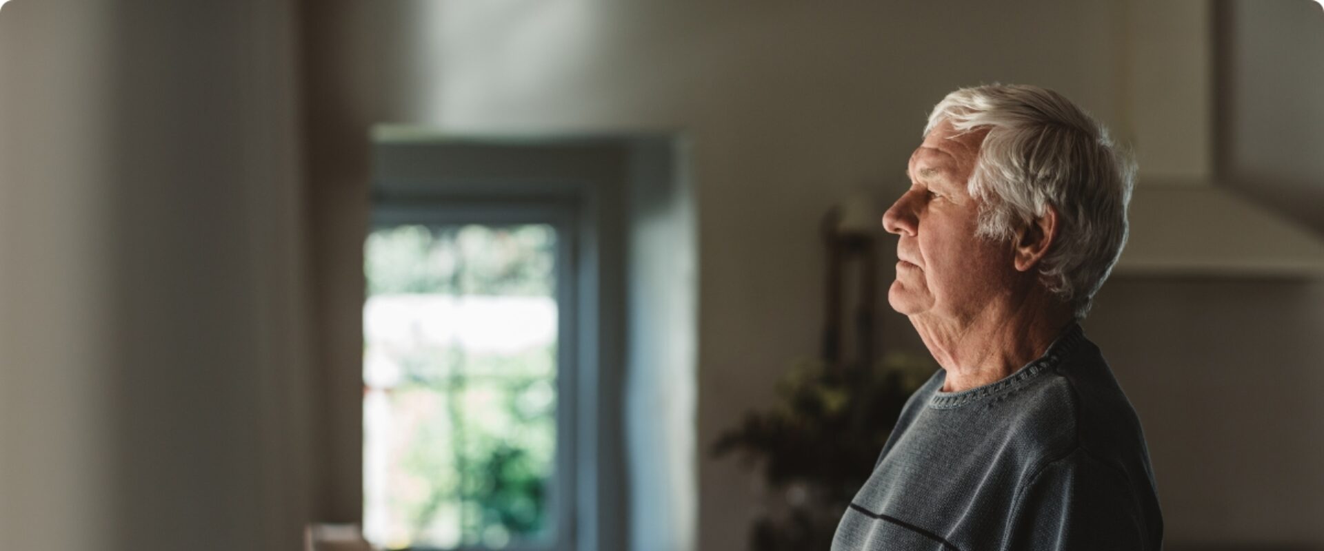 Elderly man in grey jumper stood inside, looking out of window.