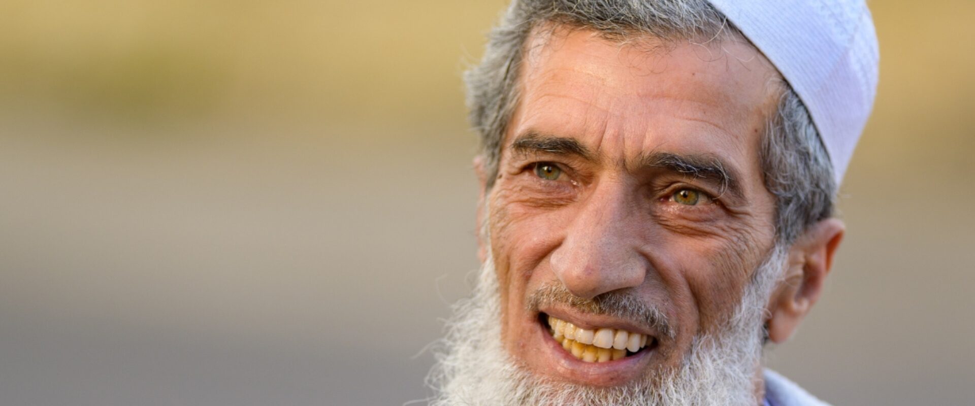Man with grey hair and grey beard smiling outdoors.