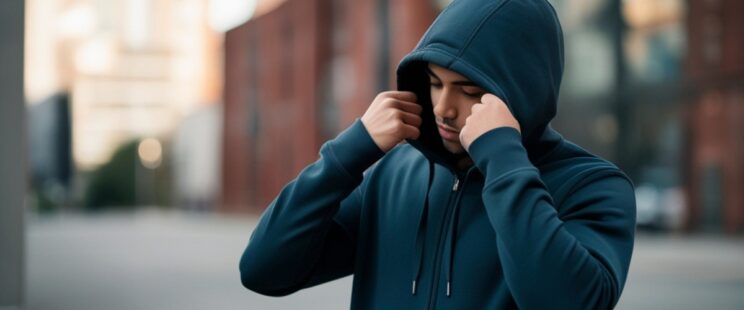 Young man in black hoodie with hood up, stood outdoors.
