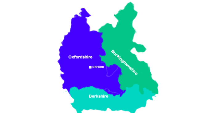 A map showing Oxfordshire, Oxford, Buckinghamshire and Berkshire counties in different colours,