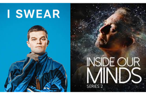 Promotional images for two recommended titles: 'I Swear', a TV show, and 'Inside Our Minds Series 2', a documentary series.