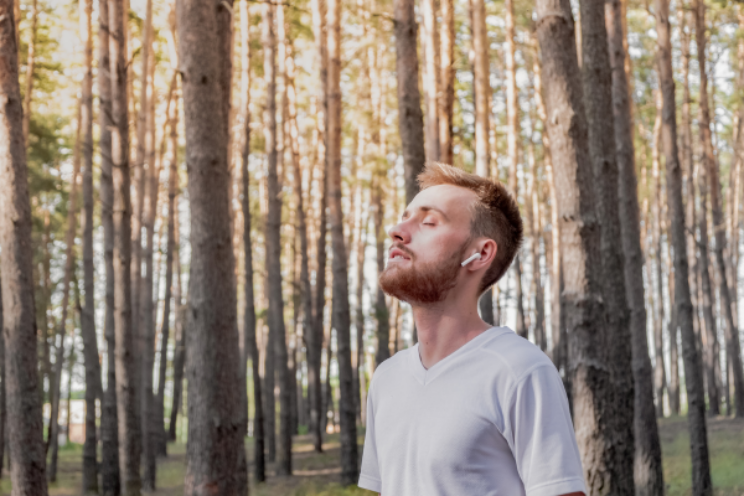 A young man stands with his eyes closed and face tilted upward among tall pine trees, wearing earbuds and a white t-shirt in a moment of calm and stillness.